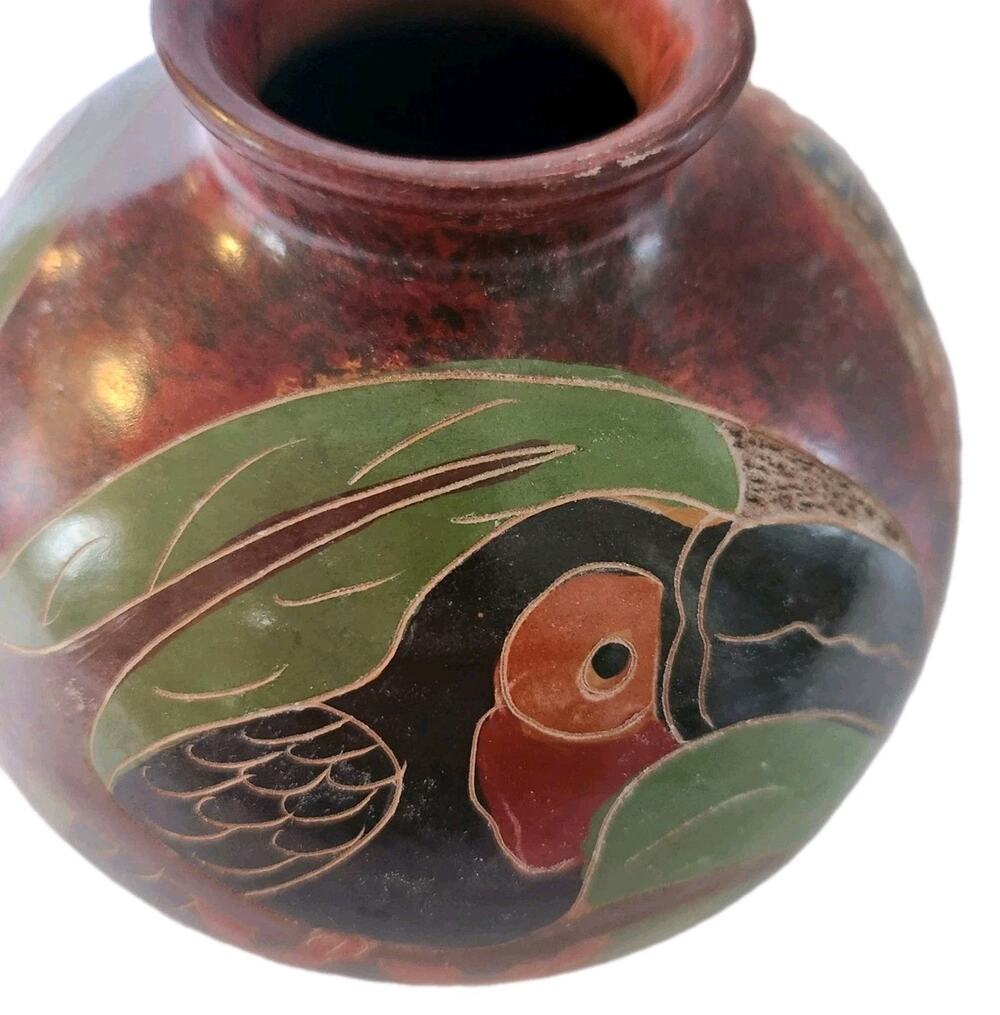Folk Art Signed Indigenous Vase by Francisco Toucan Monkey Butterfly Art Pottery
